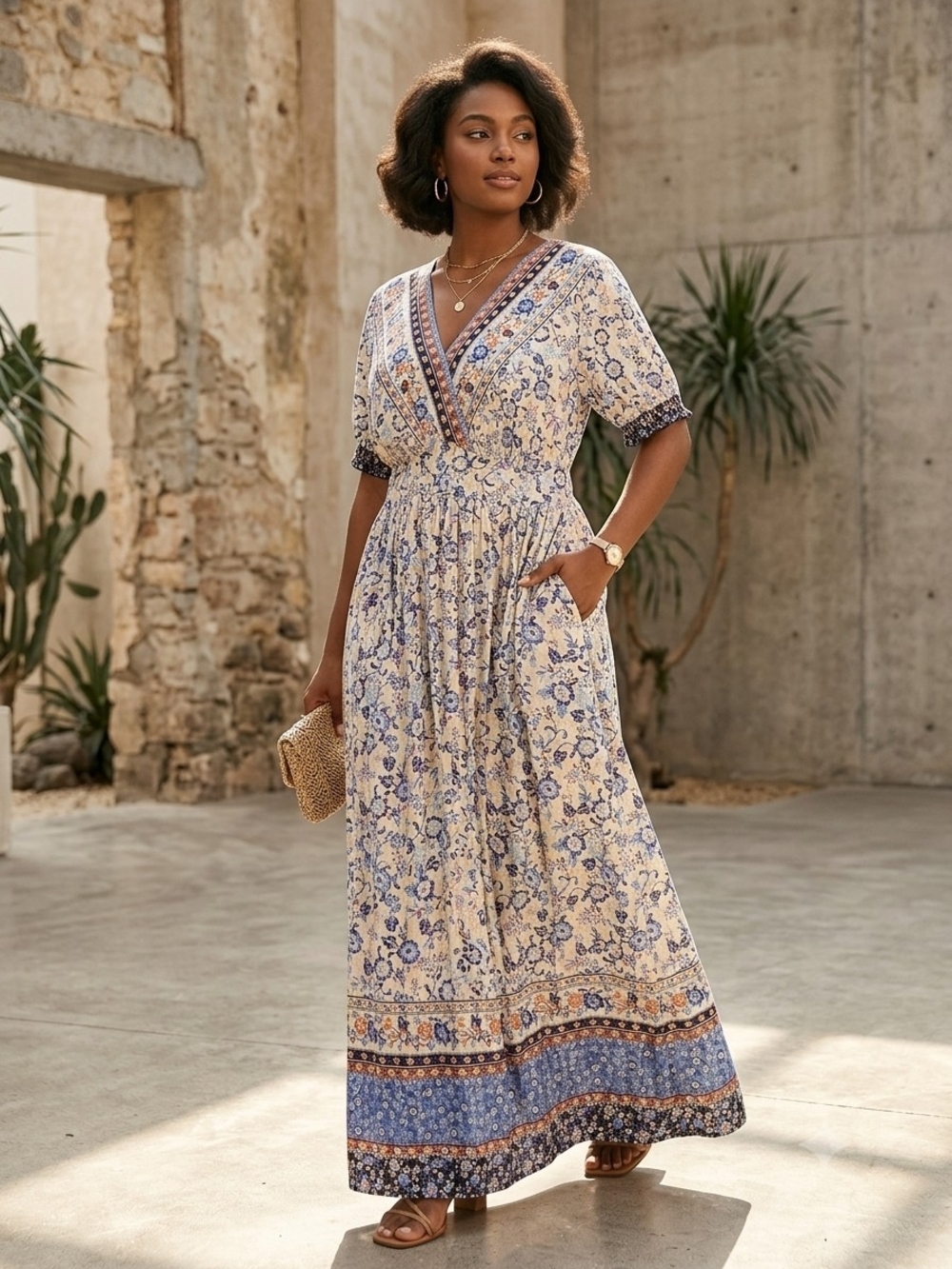 Bloomchic Boho Floral V-Neck Maxi Dress Short Sleeve Border Print Waist Pockets